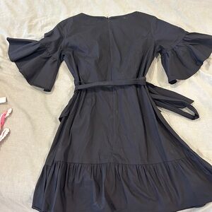 Black faux wrap mini dress high neck